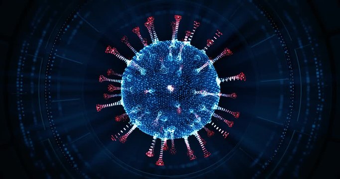 Coronavirus analysis as rotating blue viral element in space. Health care and medical research 4k video background.
