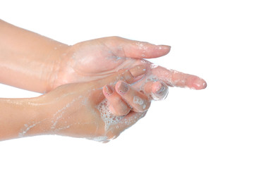 Close up of washing hands with soap isolated on white background Coronavirus prevention hand hygiene. Corona Virus pandemic protection by cleaning hands frequently.