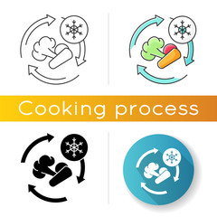 Freezing icon. Linear black and RGB color styles. Food preservation method, frosting ingredients. Storing veggies in refrigerator. Frozen raw vegetables isolated vector illustrations