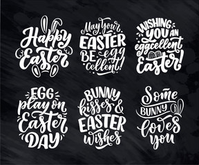 Set with calligraphy lettering slogans about Easter for flyer and print design. Template banner, poster, greeting postcard. Vector