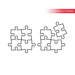 Puzzle, jigsaw tiling four puzzle pieces thin line vector icon. Editable stroke.