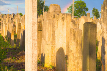 The Old Jewish cemetery at colorful sunset sky, Chernivtsi Ukraine.