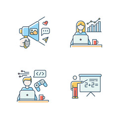 Freelance professions RGB color icons set. Marketologist and social media coordinator, game developer and online tutor. Business promotion and home education. Isolated vector illustrations