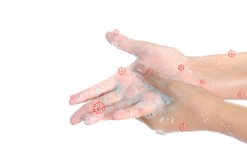 Close up of washing hands with soap with red corona virus isolated on white background. Coronavirus prevention hand hygiene. Corona Virus pandemic protection by cleaning hands frequently.