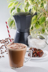 cocoa with milk and chocolate, macchiato coffee with dates that are saturated with a huge amount of vitamins and nutrients, coffee make-up morning coffee drink that sets the pace for the whole day, se