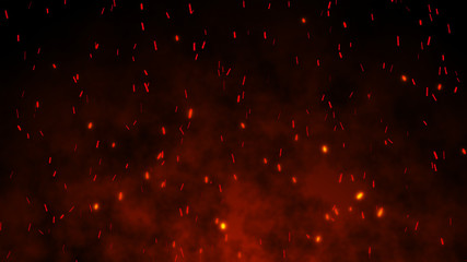 Flying red fire sparks. Glowing particles. Abstract background. Bonfire. 3D rendering.