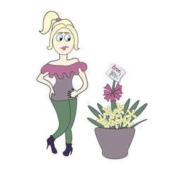 Character girl surprise flowers declaration of love