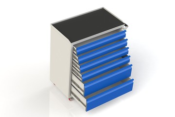 Metal tool cabinet on wheels with drawers. A convenient place for storing tools and spare parts. Metal furniture.  3D-model rendering of the table for shooting from above.