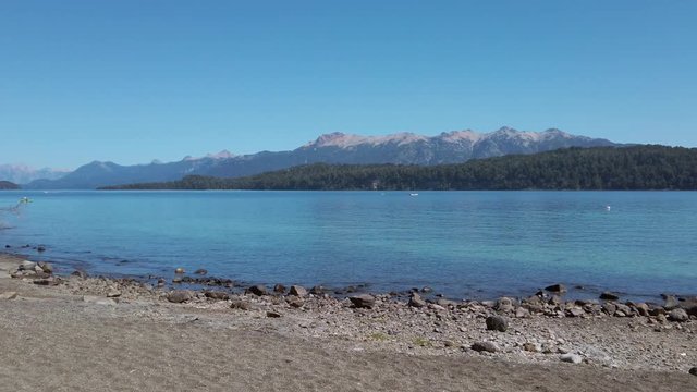 View of Bahia Manzano on Lake Nahuel Huapi, Patagonia Argentina. Relaxing tourist landmark