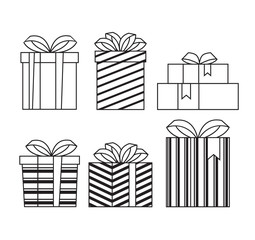 Gift boxes line art icon set isolated collection. Vector flat graphic cartoon illustration design