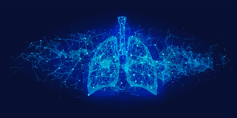 Futuristic medical concept with blue human lungs. Abstract geometric design with plexus effect on dark background. Healthcare and pulmonology banner with copy space.