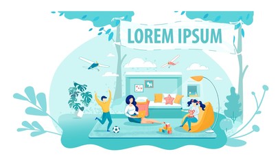 Mom Working Online Flat Banner Vector Template