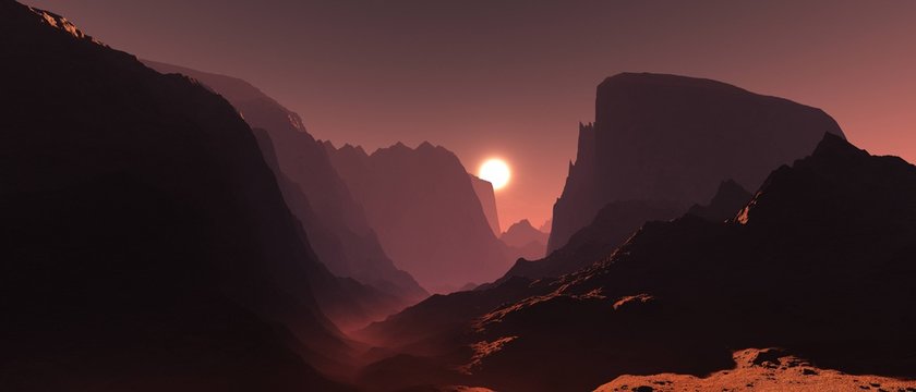 Mars at sunset, panorama of Mars, Martian base, 3D rendering © ustas