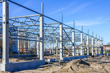 The steel frame of a building under construction