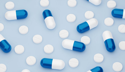 3d rendering illustration of pharmacy medicament capsule, drug and pills
