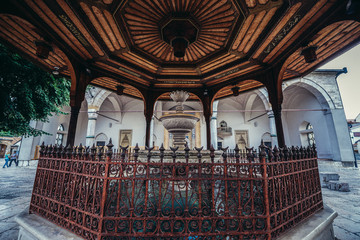 Shadirvan Fountain in front of 16th century Ottoman style Gazi Husrev-beg Mosque located at...