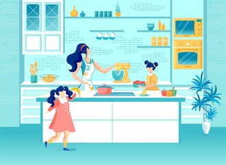 Happy Mother and Daughters Cooking on Home Kitchen
