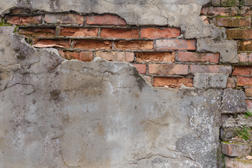 Dirty uneven brickwall texture background or backdrop with stains and cement smears