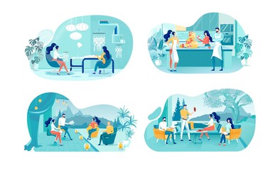 Rest with Friends Flat Vector Illustrations Set