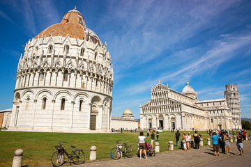 Pisa Leaning tower, Baptistery and Cathedral in Italy in summer