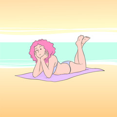 Girl in a swimsuit on the beach, cartoon vector isolated EPS image.
