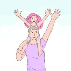 A man with a girl on his shoulders , happ y fathe r an d daughter, cartoon vecto r isolate d EPS image