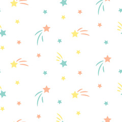 Fototapeta na wymiar Star sky cute seamless vector pattern background mint and yellow neutral color shapes.