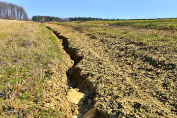 Erosion damage on field land eroded soil