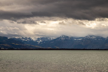 Bodensee lake with Alps mountains in the background. View from Lindau in Germany.