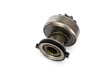 Car starter drive, bendix. Starter detail isolated on white background close-up. Spare parts.