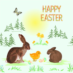 Seamless texture Happy easter spring landscape forest   easter chick bunny and rabbit  and butterfly in the grass  watercolor vintage vector illustration editable hand draw