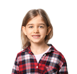 Happy little girl with healthy teeth on white background