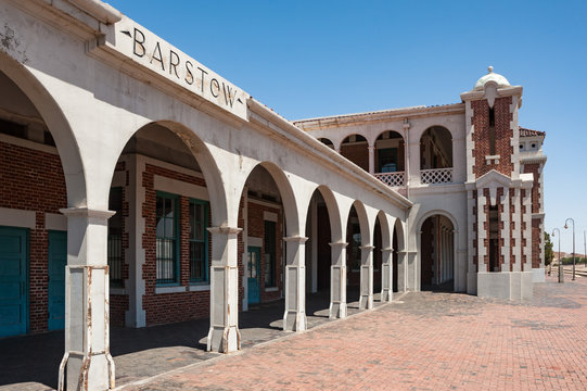 Barstow, California, USA - 23rd April 2013 : View of historic Barstow Harvey House train station in the Mojave Desert.