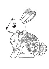 Easter bunny doodle adult antistress coloring book page.