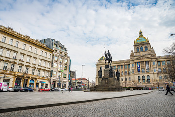 Obraz premium Prague, Czech republic - March 19, 2020. Wenceslaw square without tourists during coronavirus crisis