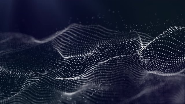 Abstract white waving particles loop background. Clean glitter floating dust animation. Digital science futuristic dots. Dynamic wave pattern.