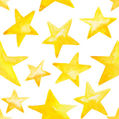 Hand painted pattern of stars in yellow ink watercolor illustration