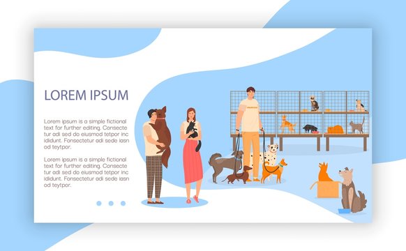 Adopt pets, characters couple, male and female take dog, cat, help abandoned animal, flat vector illustration. Man hug dog, woman hold cat. Concept design web banner, page, landing.