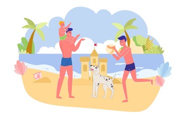 Father with Sons and Dog Playing Ocean, Cartoon.