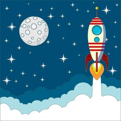 Rocket launch flying to the blue sky and clouds as paper art, craft style and business start up concept. illustration.