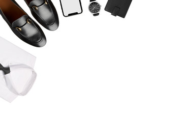 Men's accessories. Men's shoes, watches, wallet, shirt, case, tie. Black and white minimalistic composition on a white background. Classic men's accessories. Top view