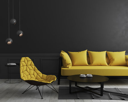 Modern room interior background with black wall and stylish yellow sofa and design armchair near coffee table, elegant, luxury, living room interior mock up, 3d rendering