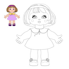 Vector cartoon little cute doll girls in a summer dress coloring book for preschool and primary school children.