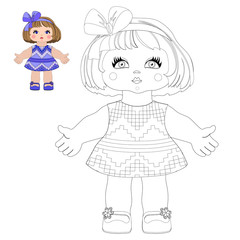 Vector cartoon little cute doll girls child in a summer dress coloring book for preschool and primary school children, with color sample coloring.