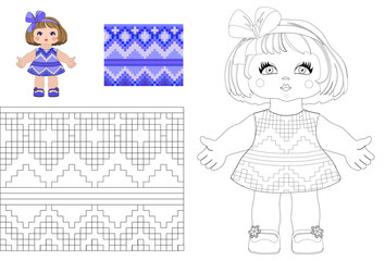 Vector cartoon little cute doll girls child in a summer dress coloring book for preschool and primary school children, with color sample coloring. Border seamless geometric pattern.