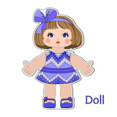 Vector sticker cartoon little cute doll girls child in a summer dress for preschool and primary school children, zine greeting card, card, text doll, scrapbook