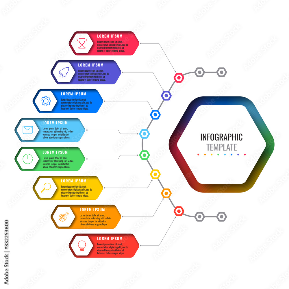 Poster business infographic template with eight realistic hexagonal elements with thin line icons on white 