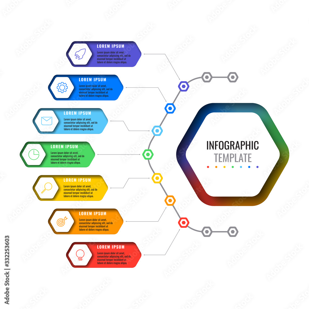 Poster business infographic template with seven realistic hexagonal elements with thin line icons on white 