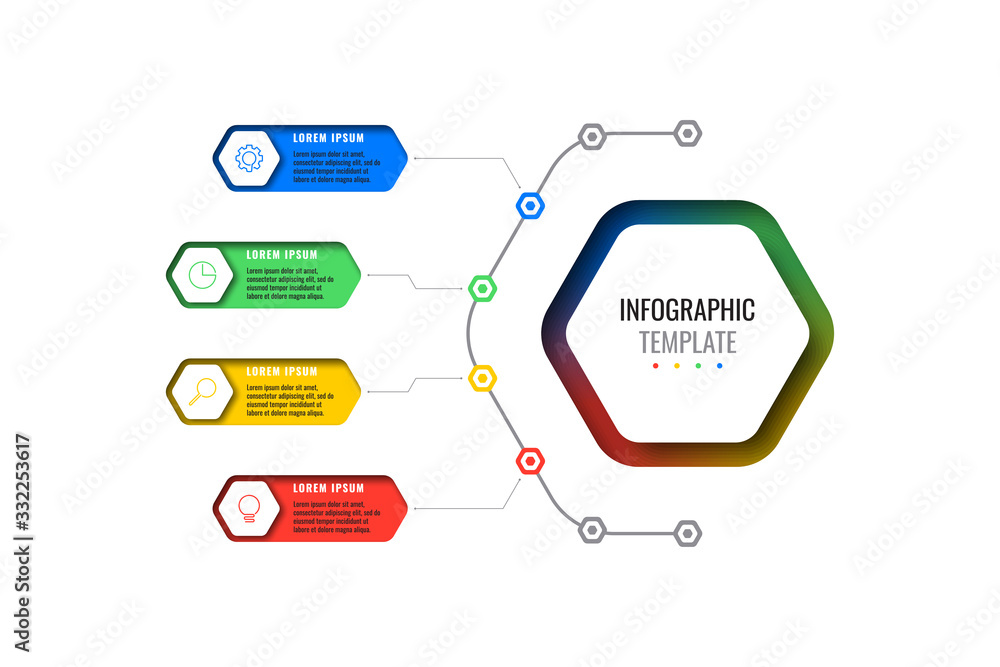 Poster business infographic template with four realistic hexagonal elements with thin line icons on white b