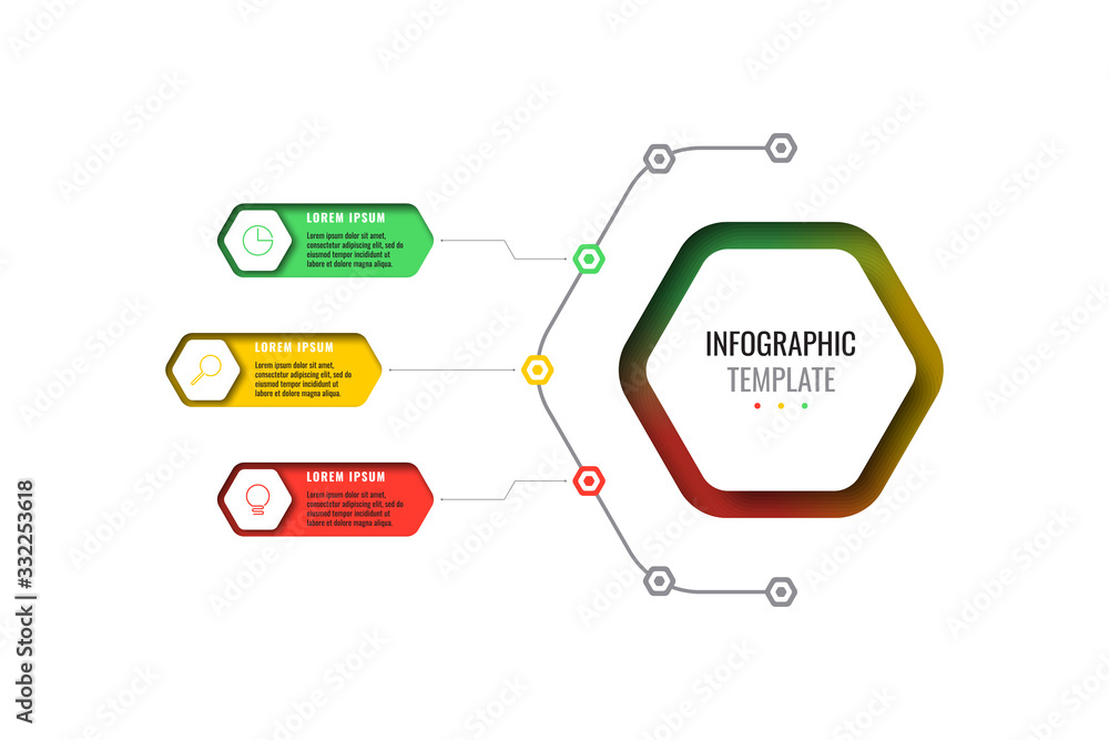 Poster business infographic template with three realistic hexagonal elements with thin line icons on white 